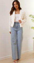Women's Cropped Open-Collar Faux Fur Jacket