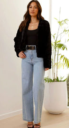 Women's Cropped Open-Collar Faux Fur Jacket