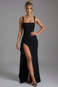 Women's Elegant Open-Back Bodycon Slip Maxi Dresses Leg Split - Black
