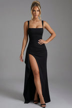 Women's Elegant Open-Back Bodycon Slip Maxi Dresses Leg Split - Black