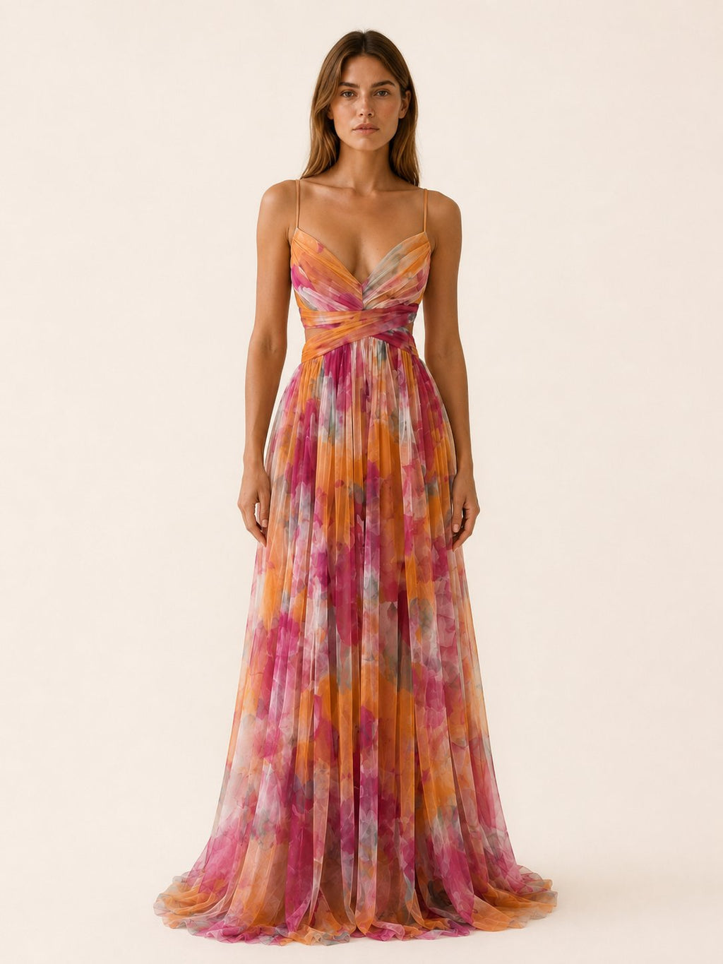 Women's Floral V-Neck Slim-Strap Wedding Guest Maxi Dresses - Orange