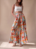 Women's Floral Wide-Leg Palazzo Pants Elastic Drawstring Waist