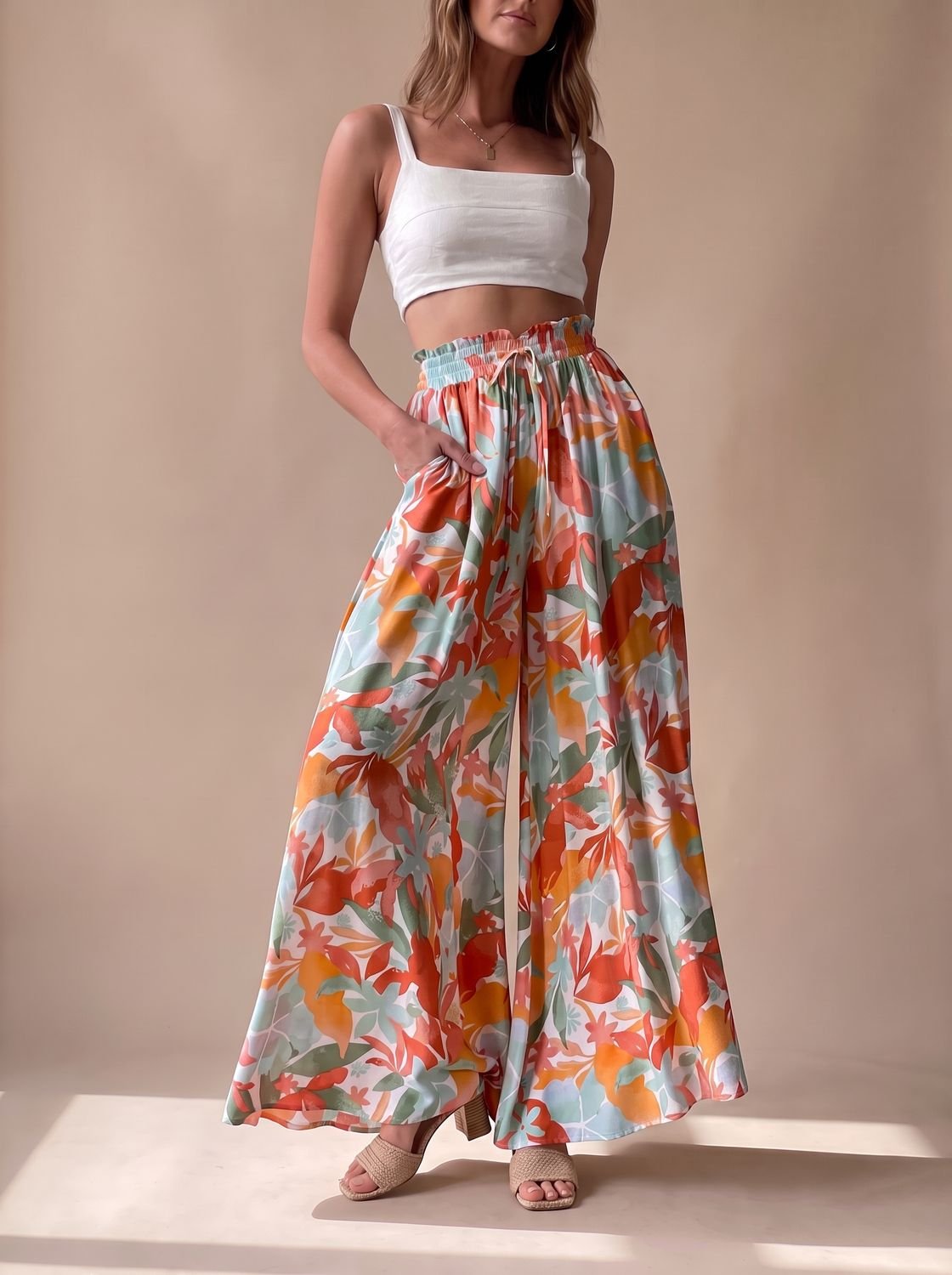 Women's Floral Wide-Leg Palazzo Pants Elastic Drawstring Waist