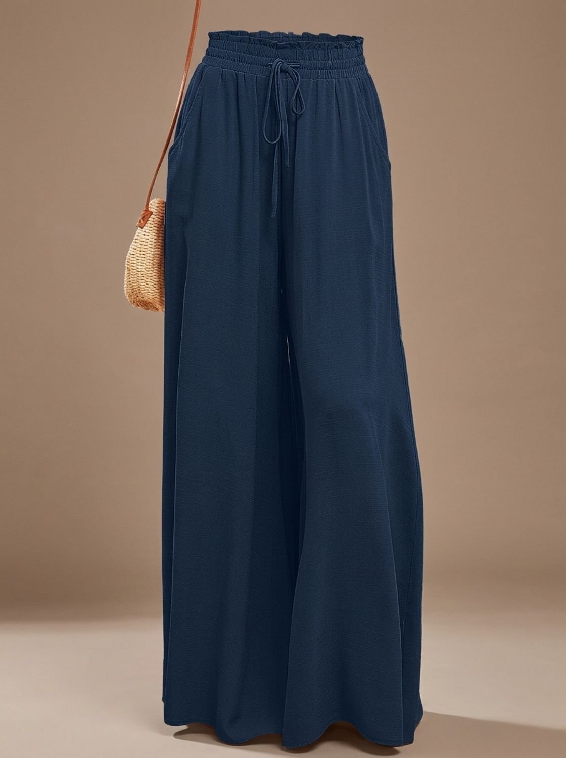 Women's Floral Wide-Leg Palazzo Pants Elastic Drawstring Waist - Deep Blue