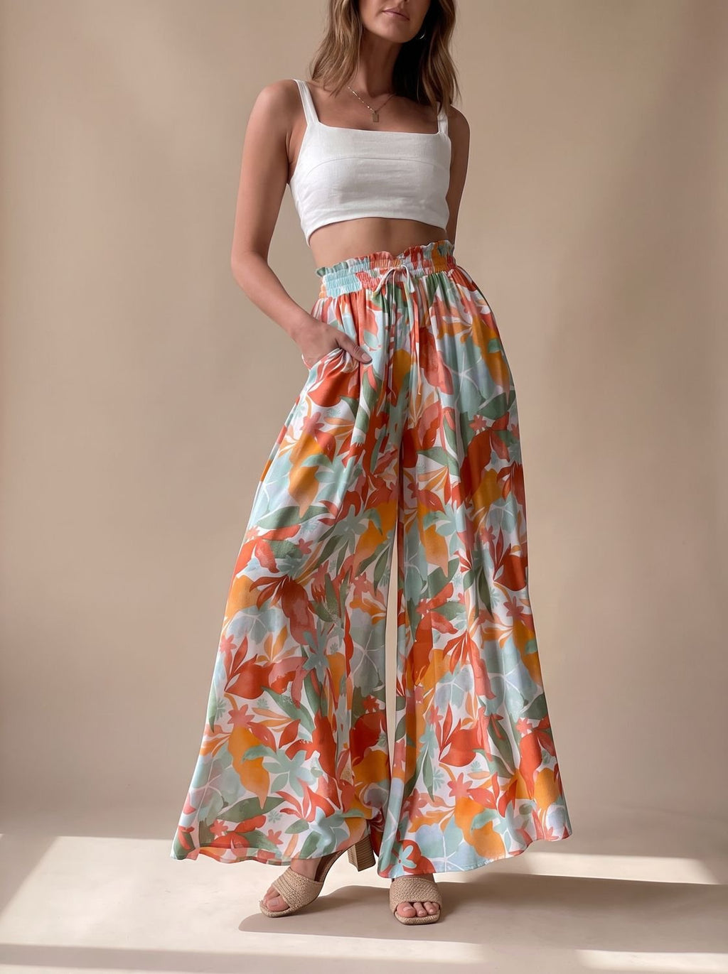Women's Floral Wide-Leg Palazzo Pants Elastic Drawstring Waist