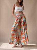 Women's Floral Wide-Leg Palazzo Pants Elastic Drawstring Waist