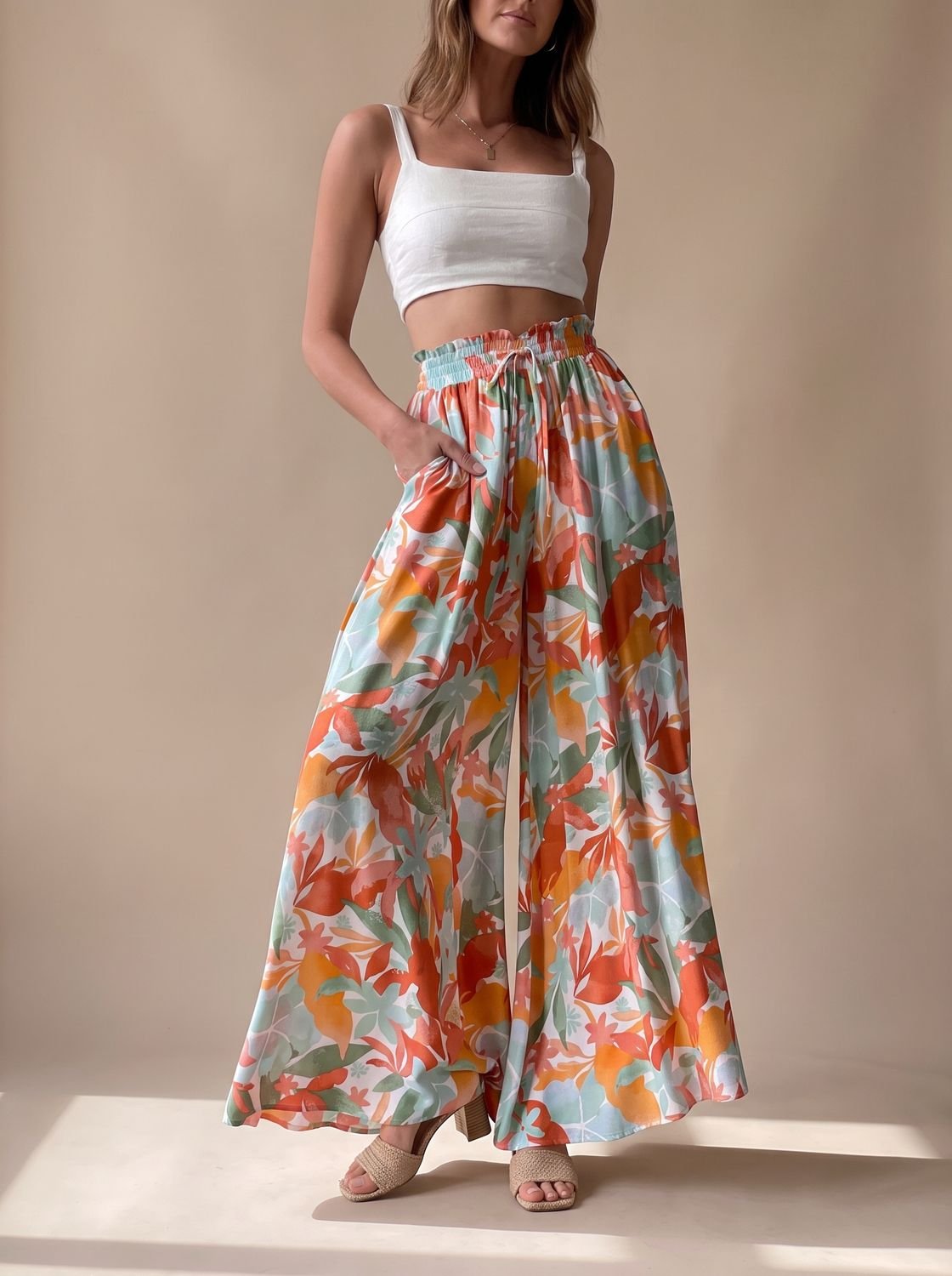 Women's Floral Wide-Leg Palazzo Pants Elastic Drawstring Waist