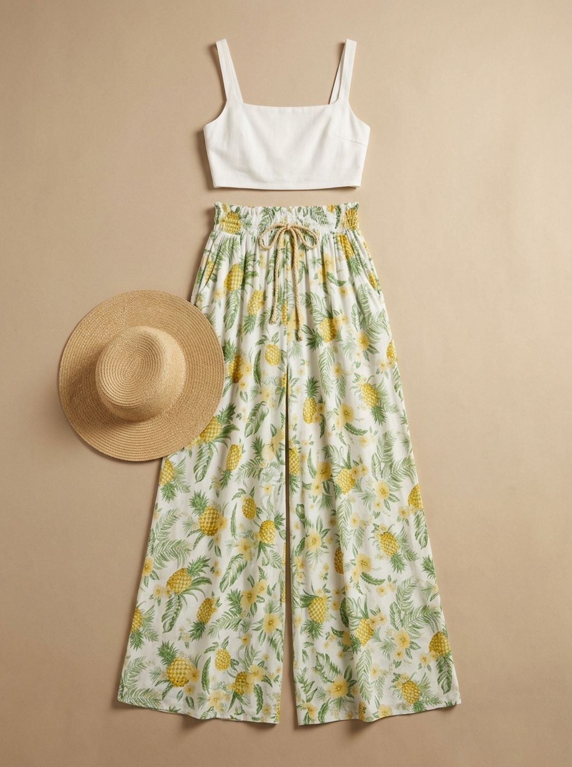Women's Floral Wide-Leg Palazzo Pants Elastic Drawstring Waist - Pineapple Print