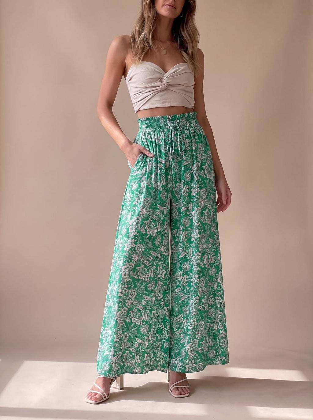 Women's Floral Wide-Leg Palazzo Pants Elastic Drawstring Waist
