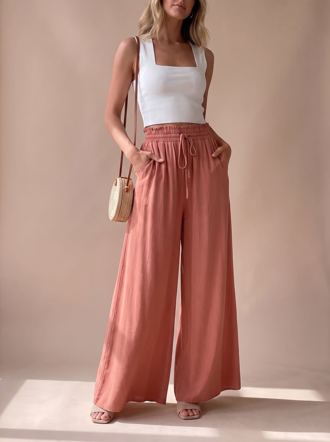 Women's Floral Wide-Leg Palazzo Pants Elastic Drawstring Waist - Orange