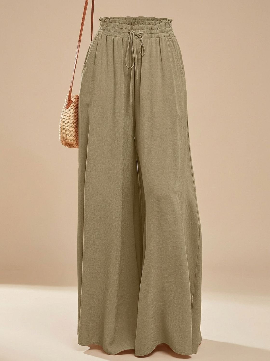 Women's Floral Wide-Leg Palazzo Pants Elastic Drawstring Waist - Light Olive Green