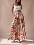 Women's Floral Wide-Leg Palazzo Pants Elastic Drawstring Waist