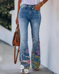 Women's High-Waist Floral-Embellished Linen-Look Flare Jeans