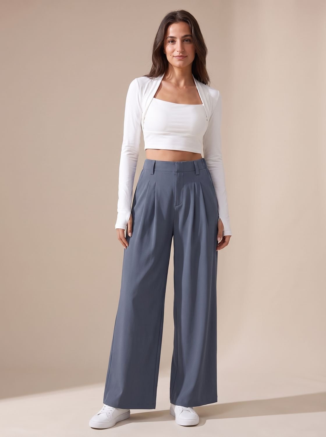Women's High-Waist Pleated Wide-Leg Dress Trousers - Blue
