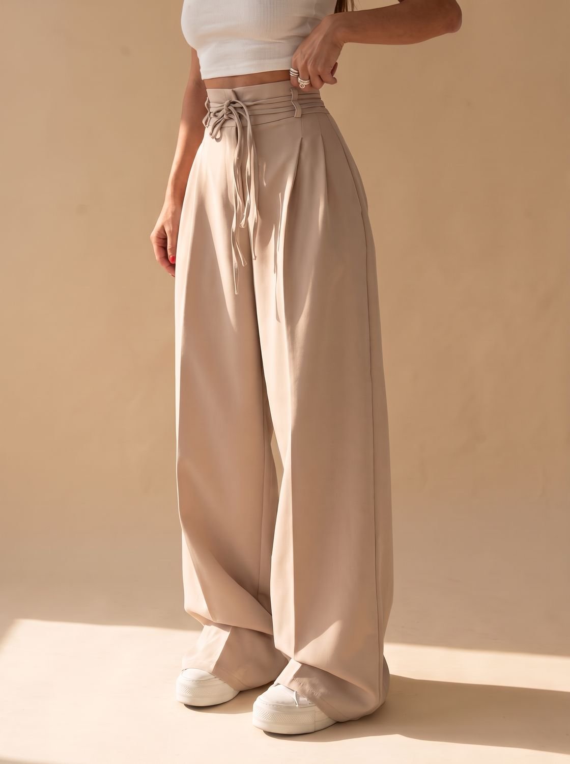 Women's High-Waist Wide-Leg Drawstring Palazzo Trousers - Beige