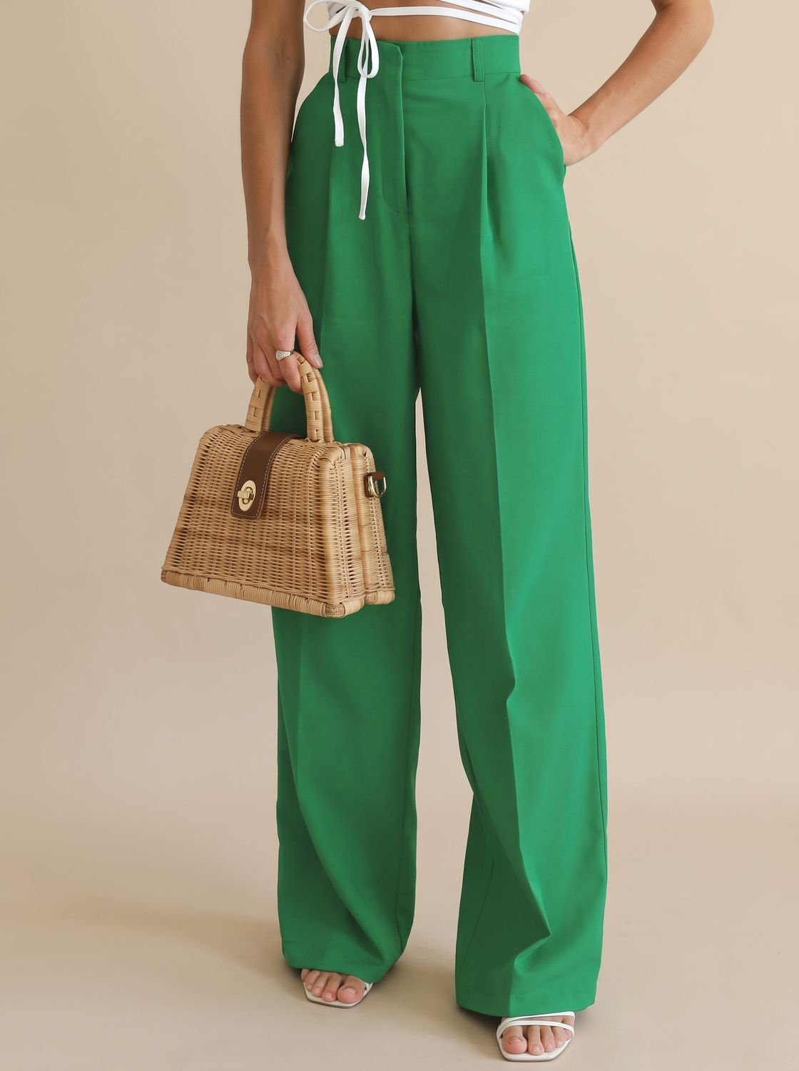 Women's High-Waist Wide-Leg Pleated Tailored Trousers - Green