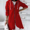 Women's Longline Zip-Up Hooded Light Jacket A-Line Fleece - Red