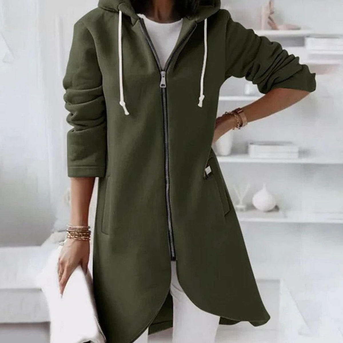 Women's Longline Zip-Up Hooded Light Jacket A-Line Fleece - Green