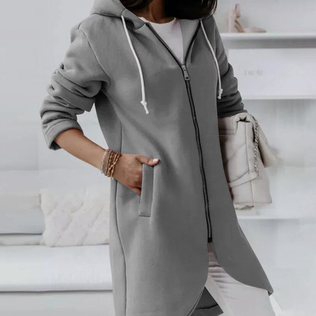 Women's Longline Zip-Up Hooded Light Jacket A-Line Fleece - Grey