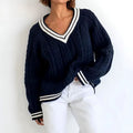Women's Oversized Cable-Knit V-Neck Pullover Sweater - Navy Blue
