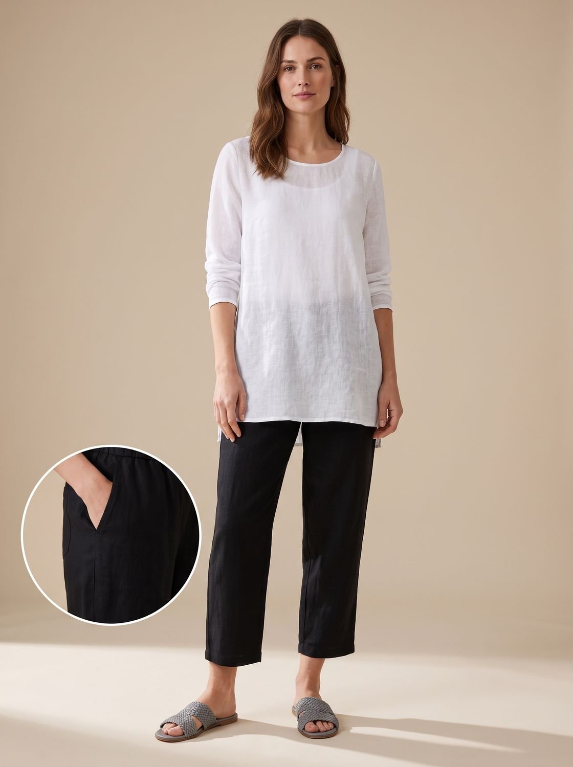 Women's Relaxed-Fit Linen Trousers Ankle-Length Casual Pants - Black