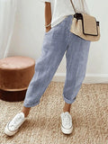 Women's Relaxed-Fit Striped Linen Trousers Elasticated-Waist Tapered-Leg - Blue