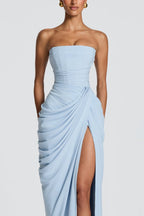 Women's Strapless Draped Slit Formal Evening Gown