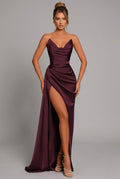Women's Strapless Ruched Satin Maxi Formal Dress High Slit - Crimson Red