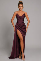 Women's Strapless Ruched Satin Maxi Formal Dress High Slit - Crimson Red