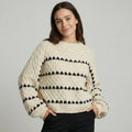 Women's Textured Knit Crewneck Sweater Geometric Stripe Pattern