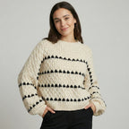 Women's Textured Knit Crewneck Sweater Geometric Stripe Pattern