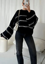 Women's Textured Knit Crewneck Sweater Geometric Stripe Pattern
