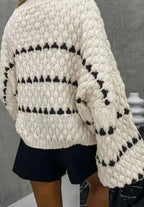 Women's Textured Knit Crewneck Sweater Geometric Stripe Pattern