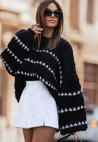 Women's Textured Knit Crewneck Sweater Geometric Stripe Pattern - Black