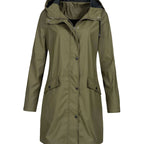 Women's Waterproof Hooded Raincoat Longline Zip-Up Jacket - Dark Green