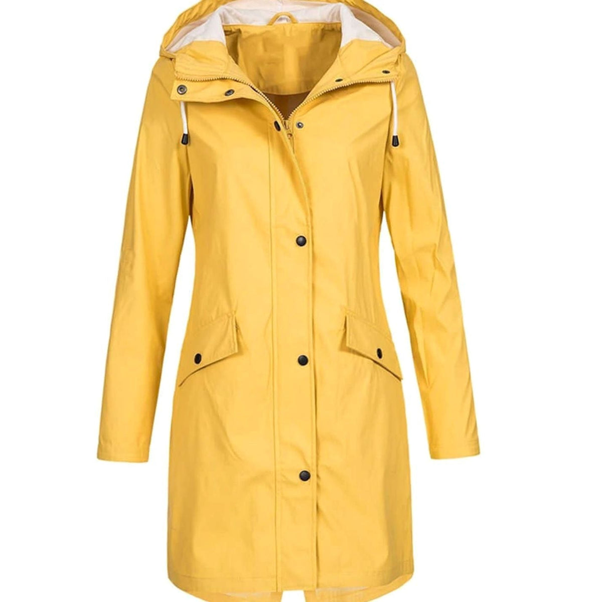 Women's Waterproof Hooded Raincoat Longline Zip-Up Jacket - Yellow