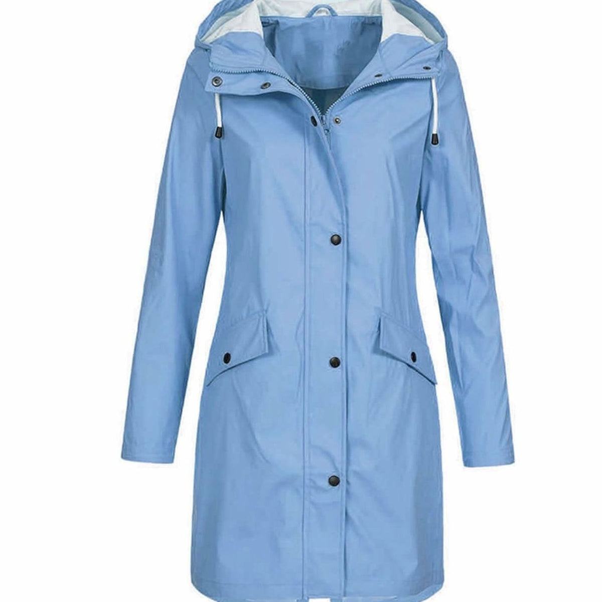Women's Waterproof Hooded Raincoat Longline Zip-Up Jacket - Light Blue