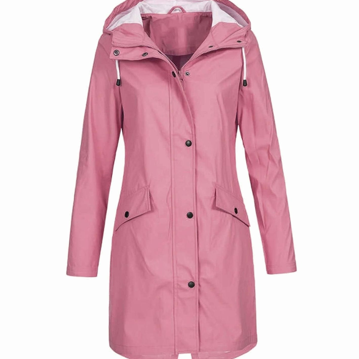 Women's Waterproof Hooded Raincoat Longline Zip-Up Jacket - Pink
