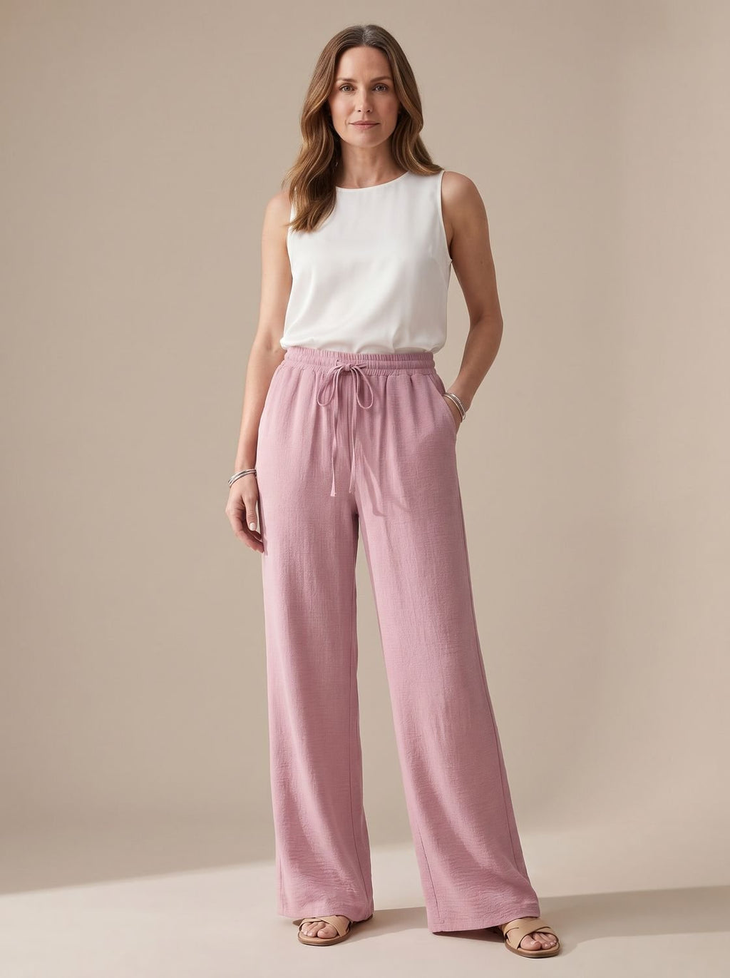 Women's Wide-Leg Casual Palazzo Trousers Drawstring Waist Side Pockets - Pink