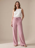 Women's Wide-Leg Casual Palazzo Trousers Drawstring Waist Side Pockets - Pink