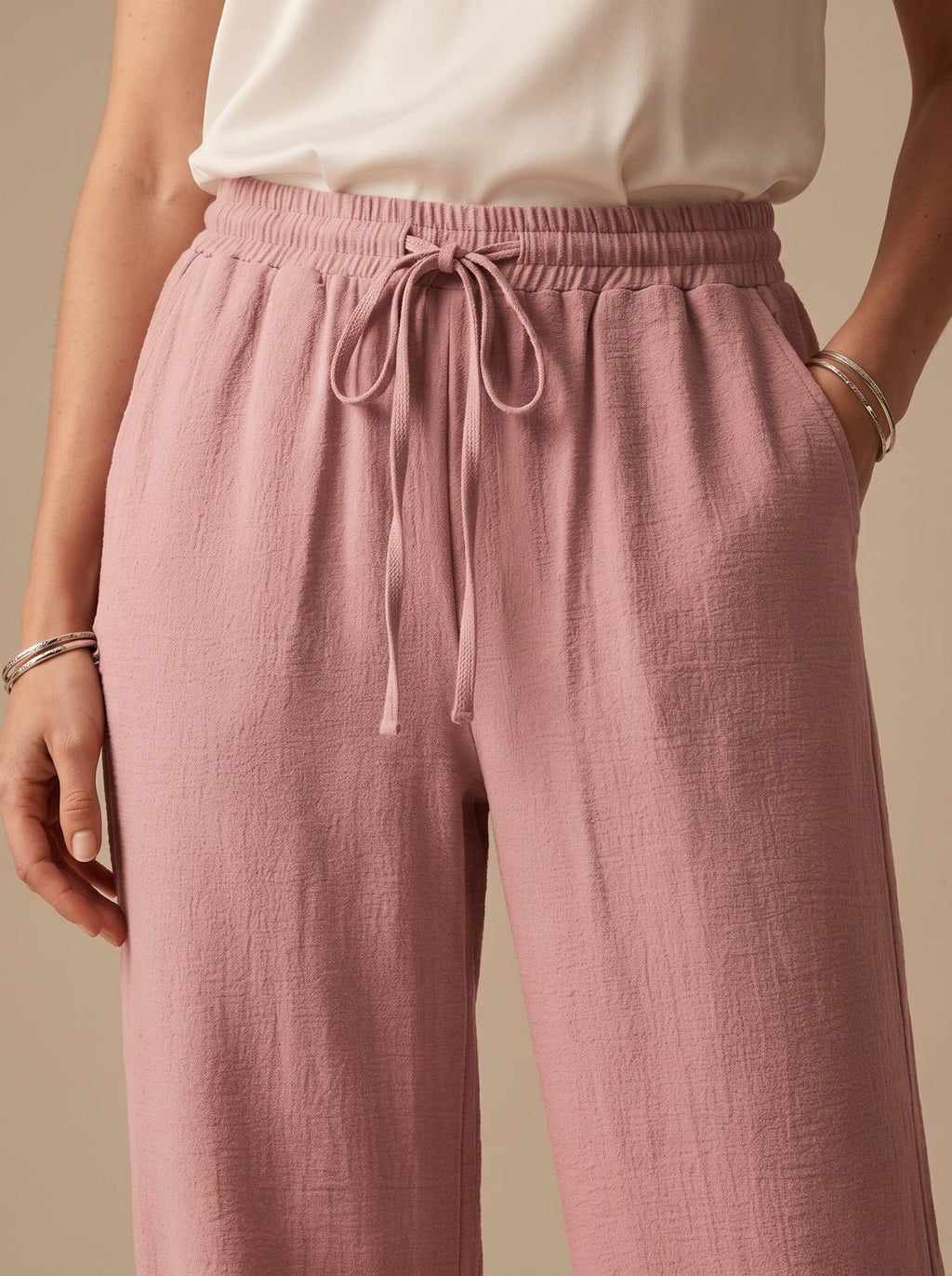 Women's Wide-Leg Casual Palazzo Trousers Drawstring Waist Side Pockets