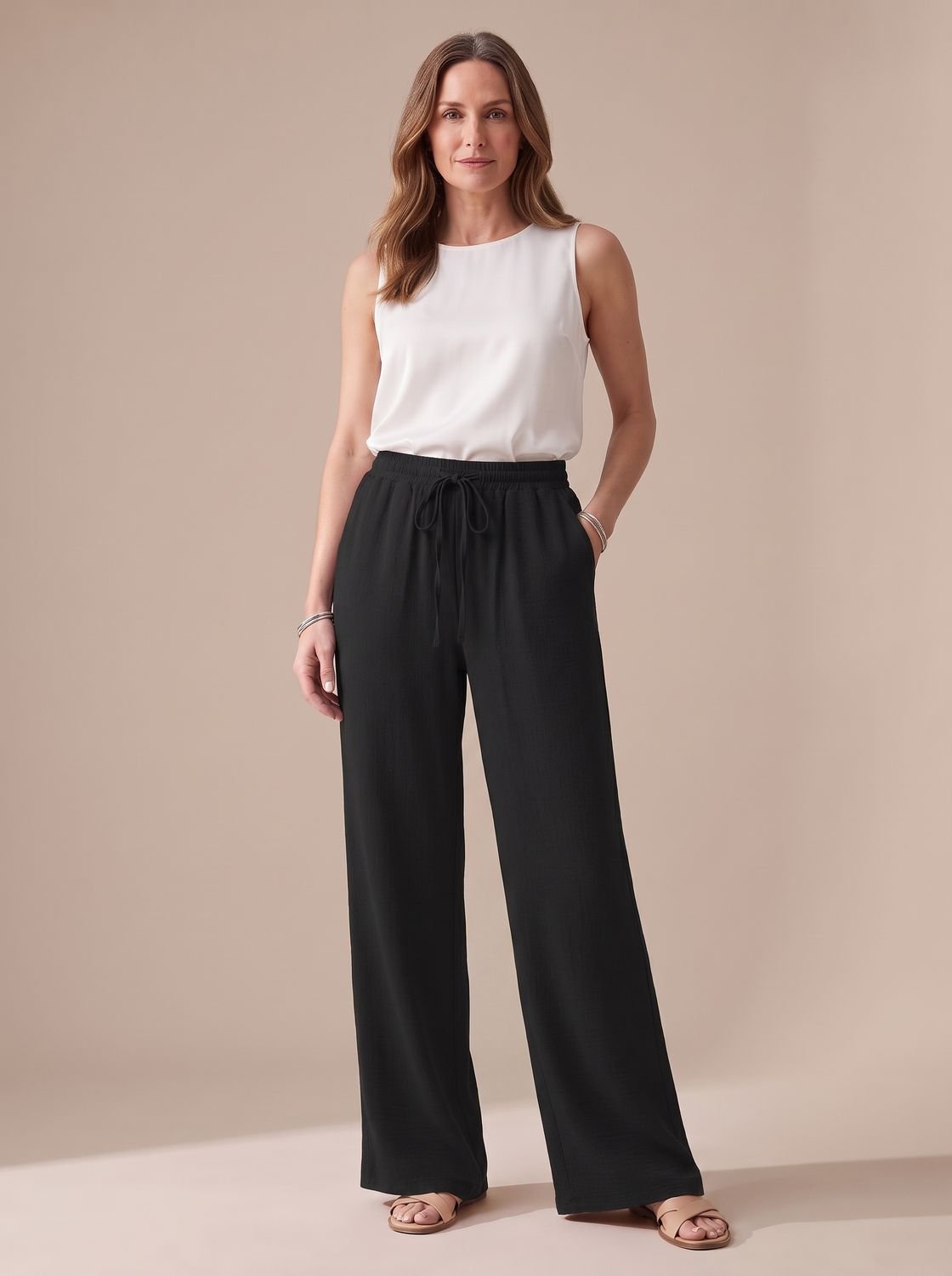 Women's Wide-Leg Casual Palazzo Trousers Drawstring Waist Side Pockets - Black
