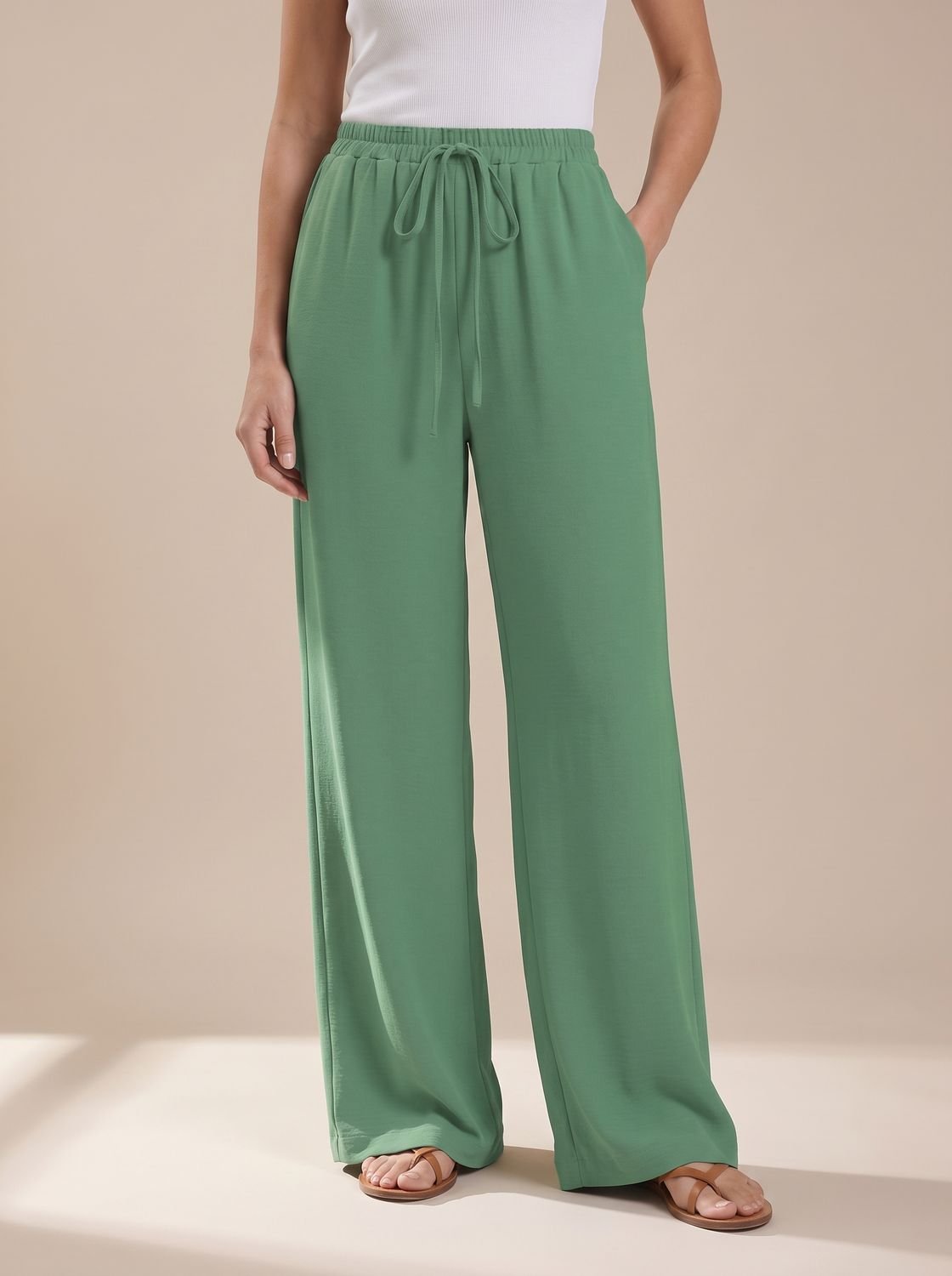 Women's Wide-Leg Palazzo Drawstring Waist Trousers Pockets - Dark Green