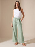 Women's Wide-Leg Palazzo Drawstring Waist Trousers Pockets - Bean Green