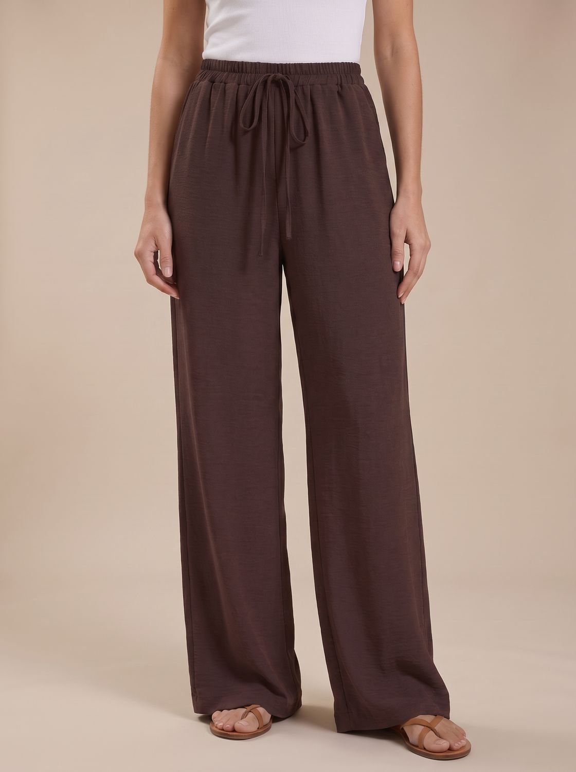 Women's Wide-Leg Palazzo Drawstring Waist Trousers Pockets - Dark Brown