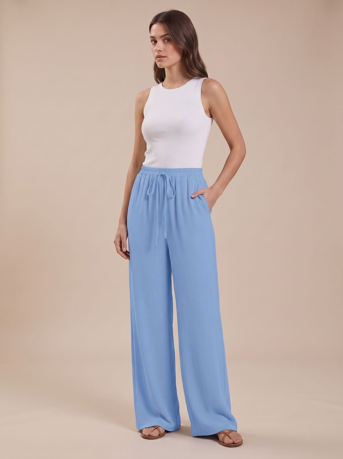 Women's Wide-Leg Palazzo Drawstring Waist Trousers Pockets - Light Blue