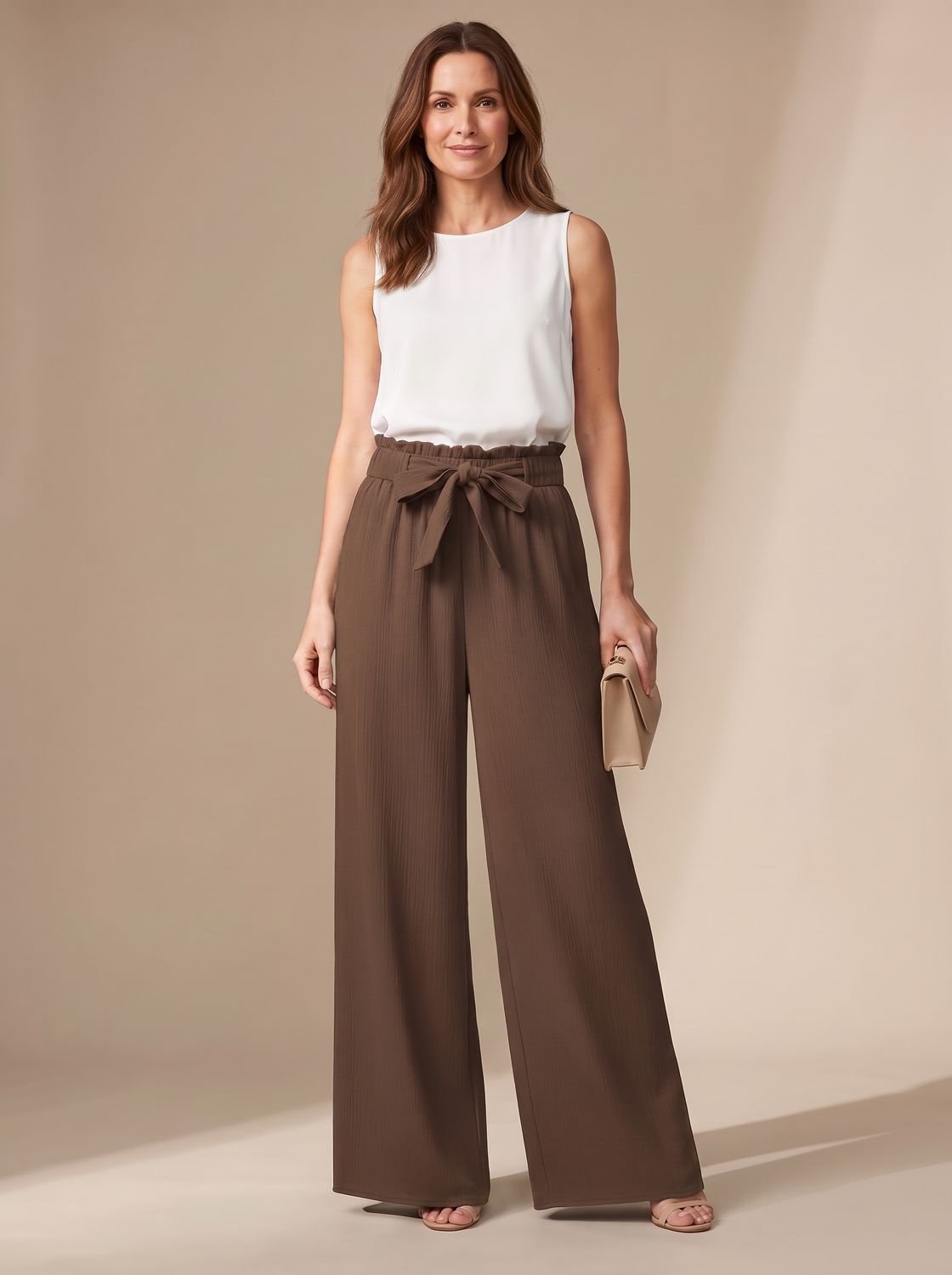 Women's Wide-Leg Palazzo Trousers Tie-Belt Paperbag Waist - Brown