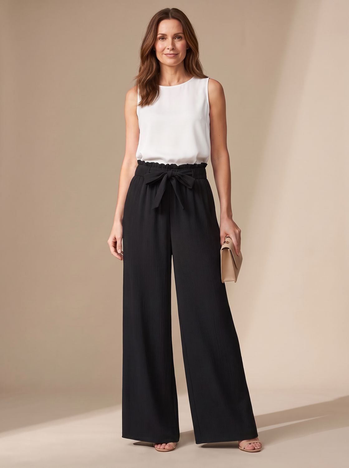 Women's Wide-Leg Palazzo Trousers Tie-Belt Paperbag Waist - Black