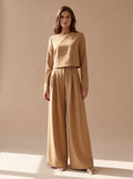 Women's Wide-Leg Palazzo Two-Piece Long-Sleeve Top Set - Brown