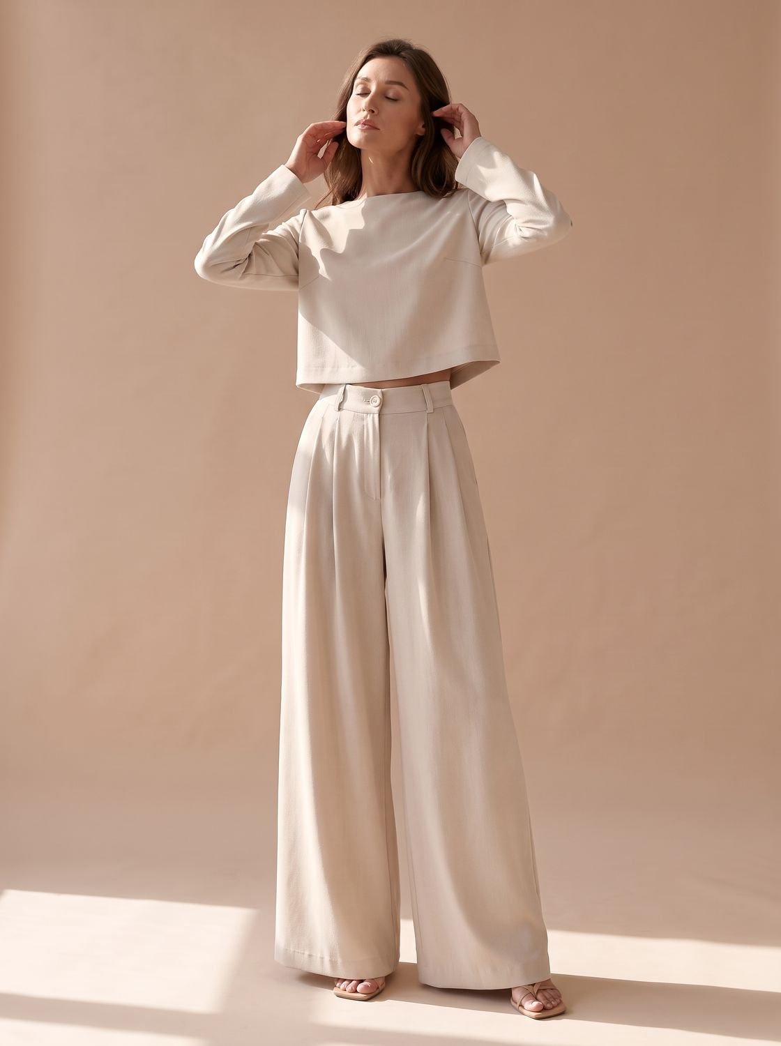 Women's Wide-Leg Palazzo Two-Piece Long-Sleeve Top Set - Beige
